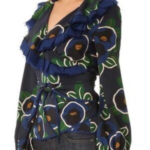 Tory Burch Jacinta Wrap Top Size 2 | Navy Flowers / Wrap Blouse With Ruffles